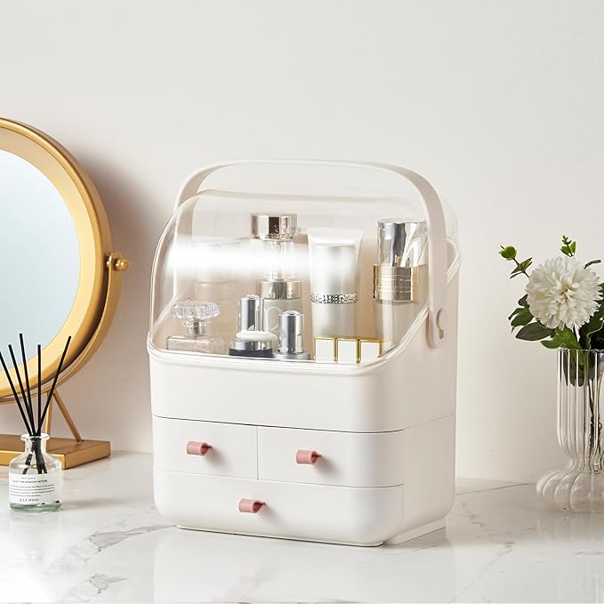 Large Makeup Organizer w Drawers Beauty Organizer Makeup Box Holder Vanity Organization Desk Countertop MakeUp Organizers Bathroom Counter Organizer Skincare Cosmetic Case Stand Dustproof Lid Gift