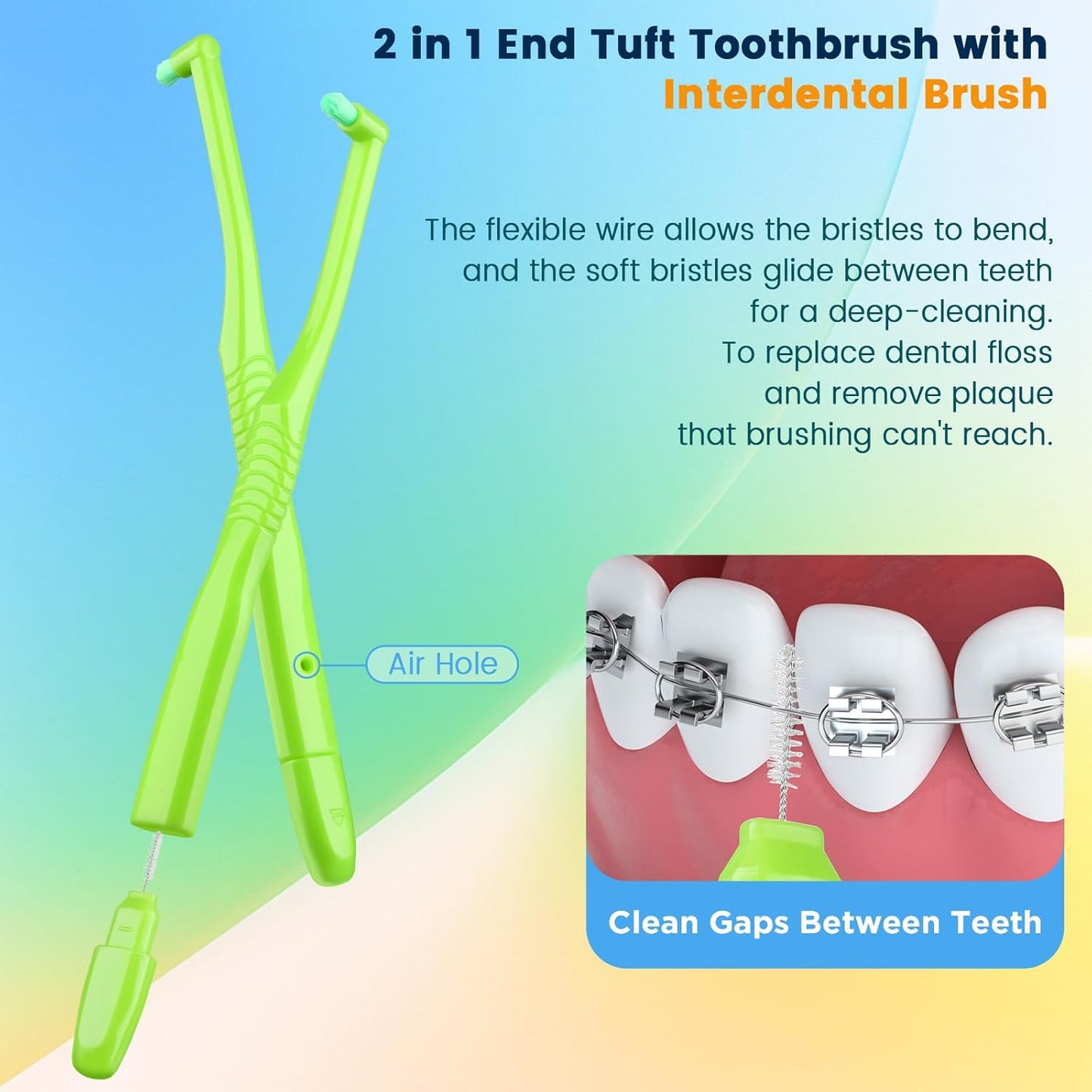 Fregum 2 in 1 End Tuft Toothbrush with Interdental Brush for Orthodontic, Braces, Implants, Retainers, Back Teeth, and Wisdom Teeth, Soft Bristles, 6 Pcs