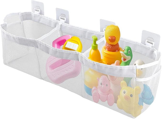JIANWEI Bath Toy Organizer, 3 Compartment Bathtub Toy Storage Bag, Quick Access Bath Toy Holder with 4 Hooks, Mesh Shower Caddy Practical Supplies for Toy Organizer and Sorting(White)