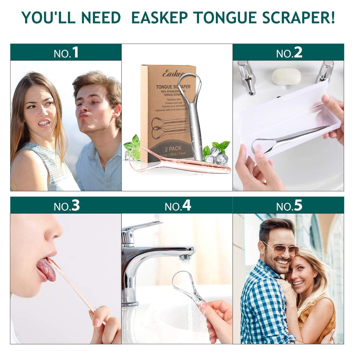 Tongue Scraper (2 Pack), Wide-Head Tongue Cleaner with Nice Carrying Box, Easkep 100% Stainless Steel Tongue Scrapers Cleaners, for Men, Women, Adults, Kids