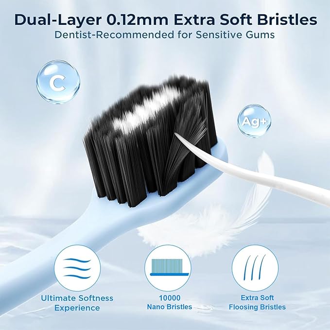 Morning Freshness Extra Soft Bristle Toothbrush with Charcoal & Silver Ions, 10000+ Ultra Soft Bristles for Sensitive Gums, Wide Head Soft Toothbrushes for Adults, Pregnant, Elderly, Braces (6 Pack)