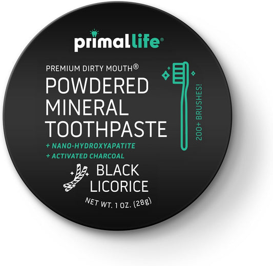 Primal Life Organics - Dirty Mouth Toothpowder, Activated Charcoal Tooth Cleaning Powder, Essential Oils Natural Kaolin Bentonite Clay, 200+ Brushings, Organic Vegan (Charcoal Black Licorice, 1 oz)