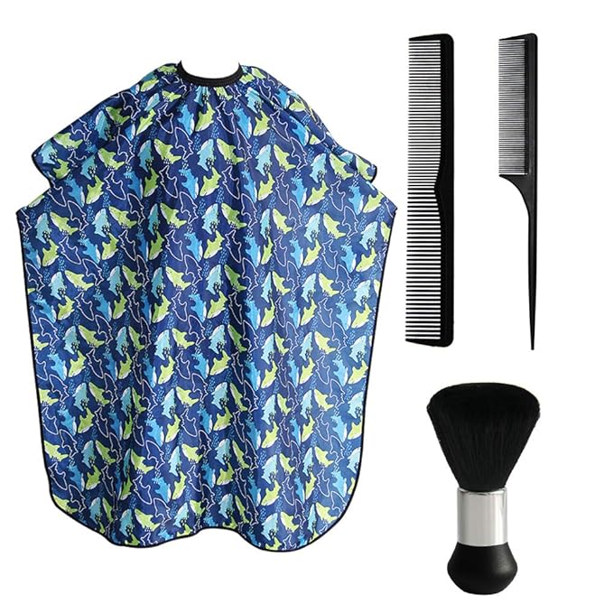 Kids Haircut Cape and Neck Duster Brush Hair Comb Set Professional Barber Hairbrush and Children Dolphin Hairdresser Apron with Adjustable Snap Closure Extra Long Cape 47x39 inch