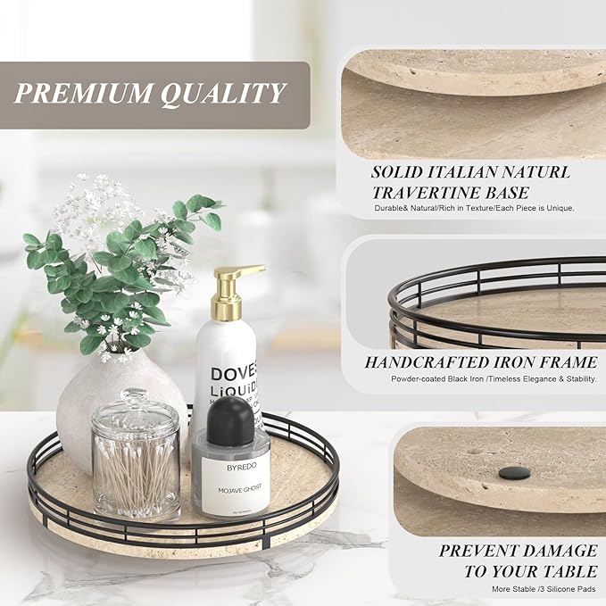 Italian Natural Travertine Lazy Susan Turntable for Table Top – 10” Round Marble Tray Organizer for Bathroom, Vanity, Dining Table, Kitchen Countertop & Bar, Luxury Stone Serving Tray with Black Frame
