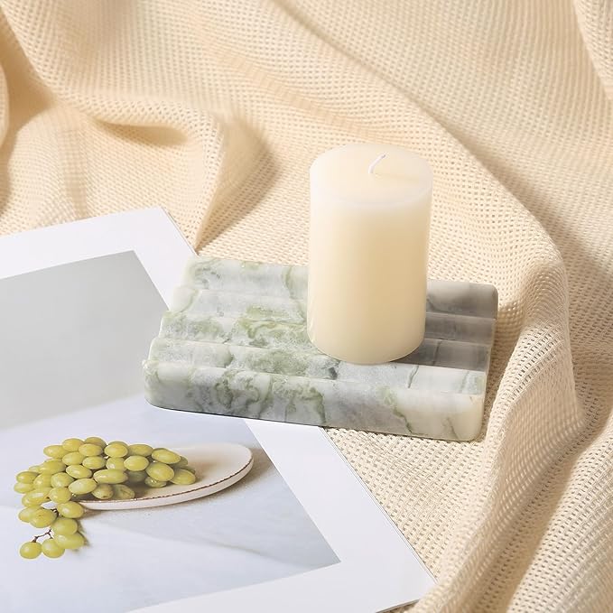 Marble Soap Dish, Large Stone Bar Soap Holder Shower, Green Bathroom Soaps Saver, Easy Cleaning Natural Stone Sponge Holder for Kitchen Sink, Executive Jewelry Ring Tray