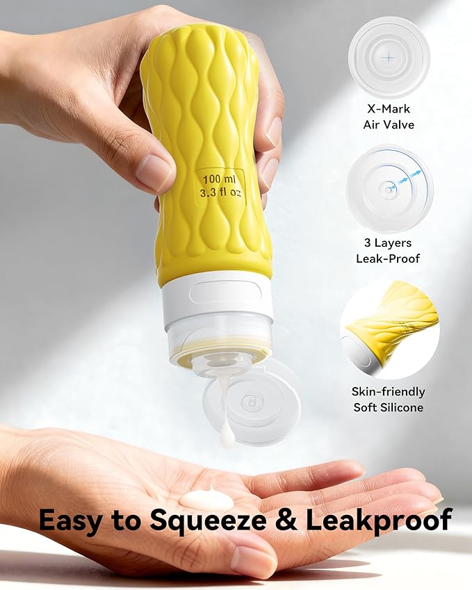 Silicone Travel Bottles for Toiletries 8 Pack Travel Size Toiletries 3.4 oz 1.7 oz, Leakproof Squeeze Travel Size Containers Refillable Cosmetic Jars Set for Shampoo, Conditioner, Creams