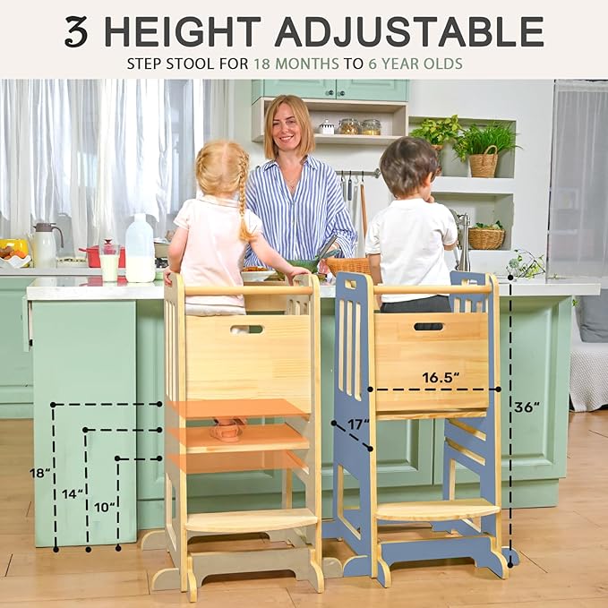 WINGYZ Toddler Kitchen Stool – Adjustable Helper Tower for Kids with Safety Rail, Wooden Standing Step-Up Stool, Sliding Door & Stable Base, Light Blue