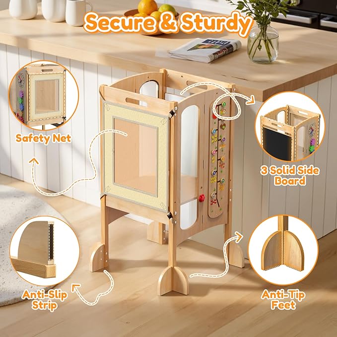 FlyingBoom Foldable Toddler Tower, Kitchen Stool Helper with 2 Step Stool, Toddler Standing Tower for Kids with Safety Net, Adjustable Height, Chalk-Whiteboard &Montessori Activity Games