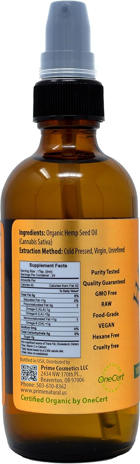 PRIME NATURAL Organic Hemp Seed Oil 4oz - USDA Certified - Sativa Oil - Pure, Cold Pressed, Virgin, Unrefined, Vegan, Food Grade - High Omega 3 6 9 Fatty Acids - Good for Face, Body, Skin & Hair Care