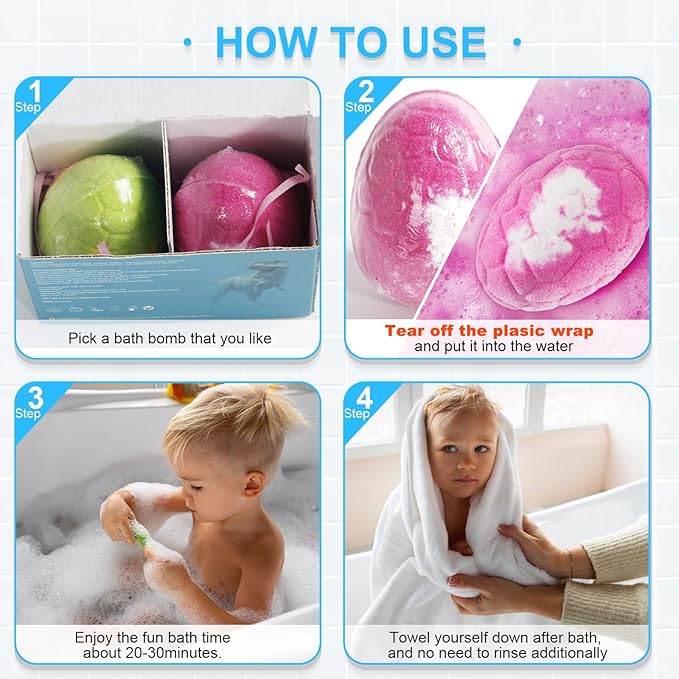 Bath Bombs for Kids with Toys Inside - 2 Organic Kids Bath Bombs with Surprise Inside, Dinosaur Bath Bombs for Kids 3-9 Years, Bath Bombs Gifts Easter Baskets Stuffers for Kids Boys Girls