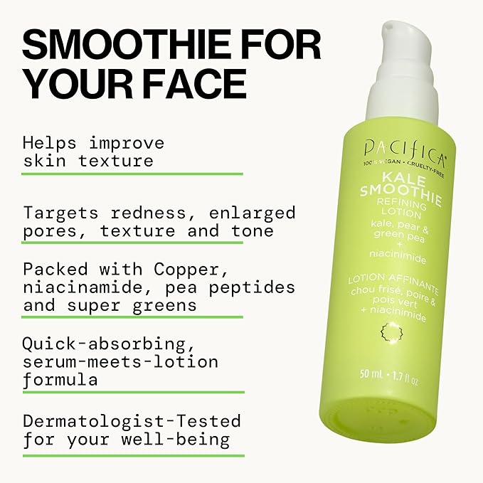 Pacifica Kale Smoothie Face Lotion, Refining Skincare, Face Moisturizer, Niacinamide, Vitamin C and E, Minimize Pores, Face Serum, For All Skin Types, Oily, Combination, Vegan, 1.7 fl oz (1 Count