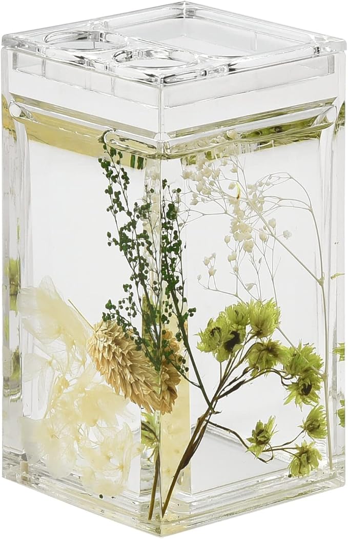 Locco Decor 5 Piece Acrylic Liquid 4D Floating Motion Bathroom Vanity Accessory Set Garden Botanic Green Plants Toothbrush Holder, Tumbler, Soap Dispenser, Soap Dish, Toiletbrush Holder Set