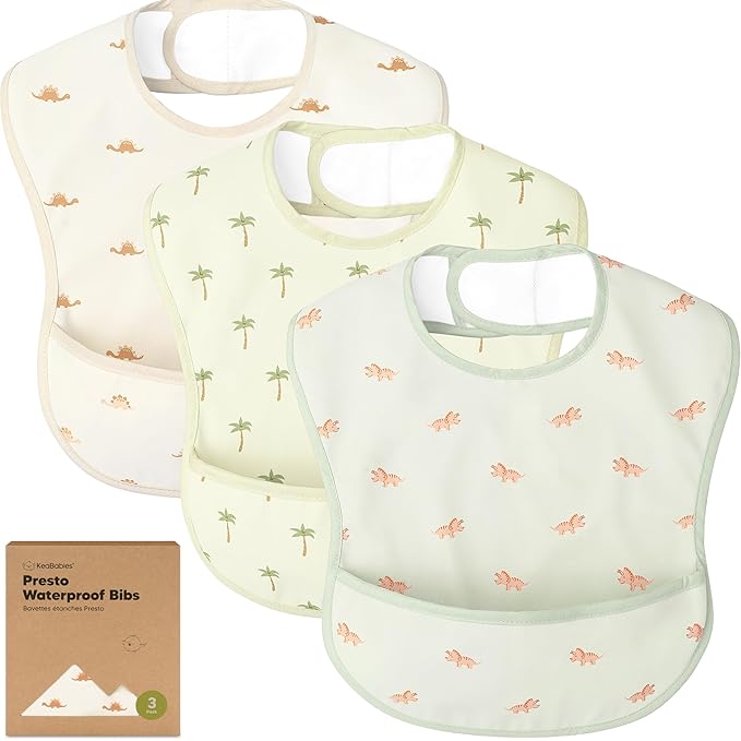 3-Pack Waterproof Baby Bibs for Eating - Lightweight Toddler Feeding Bibs with Large Food Catcher, Mess Proof, Food-Grade Baby Eating Essentials, Easy to Put On & Clean (Roarsome)