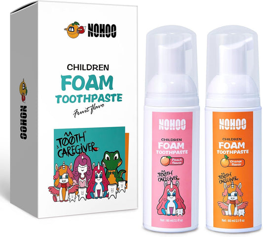 NOHOO Fluoride Free Foam Toothpaste Kids Fruit Flavour,Natural Training Toothpaste for Baby Toddler Children Oral Cleaning and Cavity Protection(Orange + Peach)