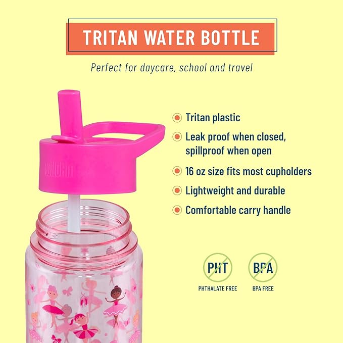 Wildkin Kids 16 Oz Water Bottle – BPA-Free Tritan, Leak-Proof Lid, Durable & Easy to Clean - Ballerina