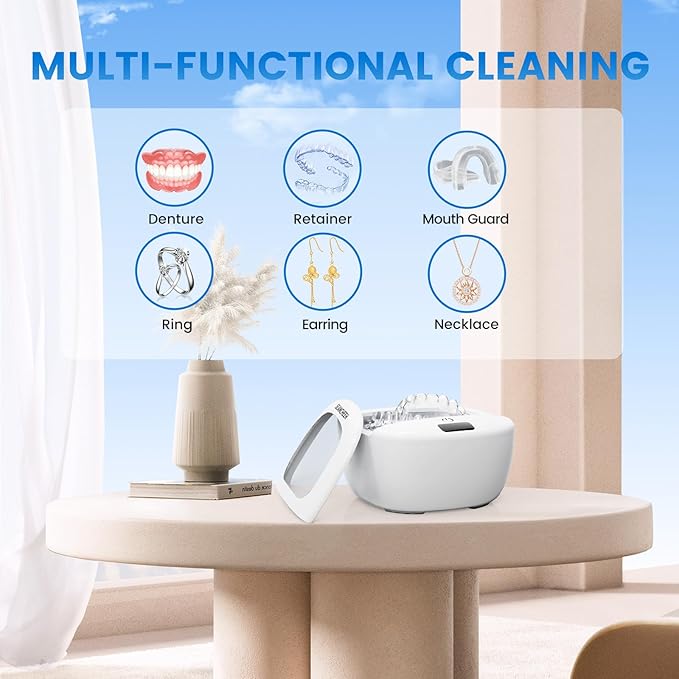 Ultrasonic Retainer Cleaner Machine | Rechargeable | Cordless | IPX7 Waterproof | Portable | 120ML | 2 Modes with Digital Timer for | Denture | Aligner | Night Guard | Mouth Guard | Jewelry | White