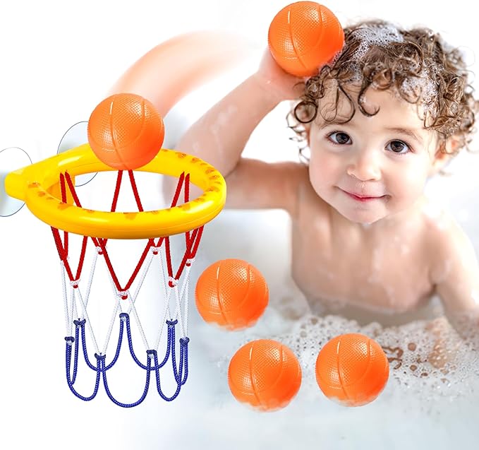 Bath Toys, Bathtub Basketball Hoop for Toddler Kids - 5 Soft No-Hole Balls, Yellow Duck Cartoon Style with Strong Suction Cups, Baby Shower Toy Set for Boys & Girls, Gift-Ready