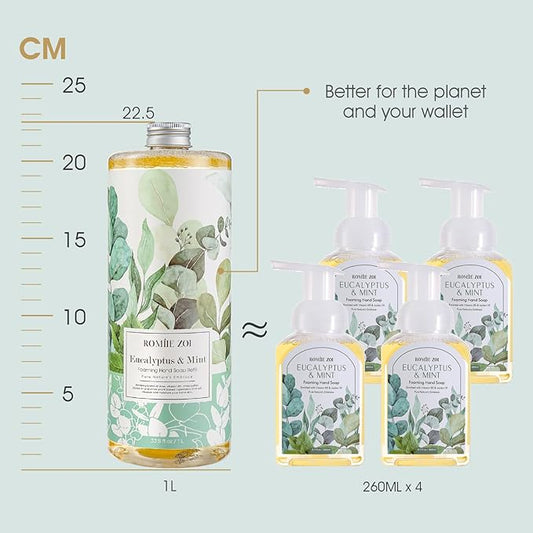 ROMIIE ZOI Eucalyptus & Mint Foaming Hand Soap Refills with Reusable Pump Dispenser - Natural & Cruelty-Free, Gentle & Moisturizing - Large Bottle Bulk for Home & Kitchen-1L/33.8oz (Pack of 3)