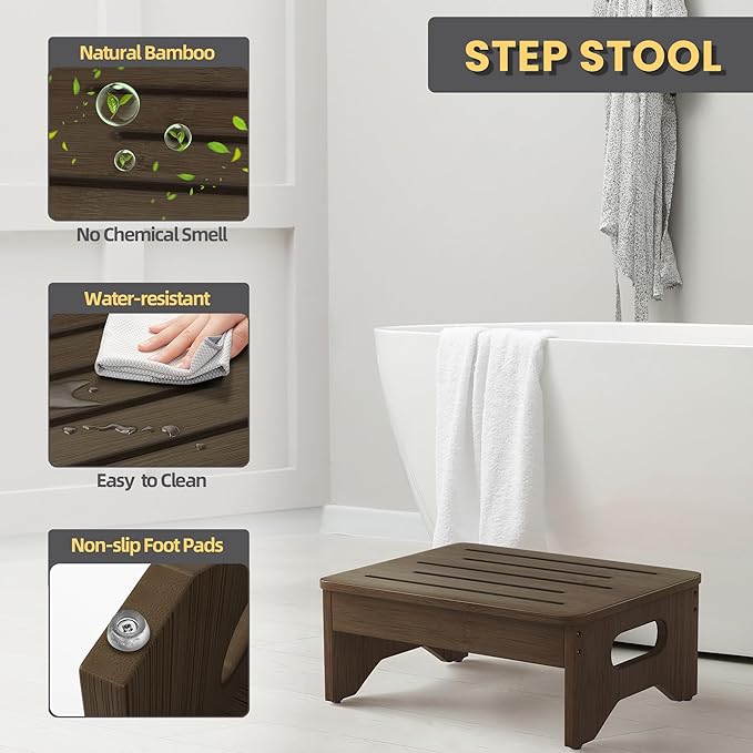 Wooden Step Stool for Adults & Kids, Non-Slip Rubber Feet, 6.5 Inch High, Lightweight Small Step, 400 Lbs Capacity, Bed Step Stool for High Bed, Bathroom & Kitchen, Walnut
