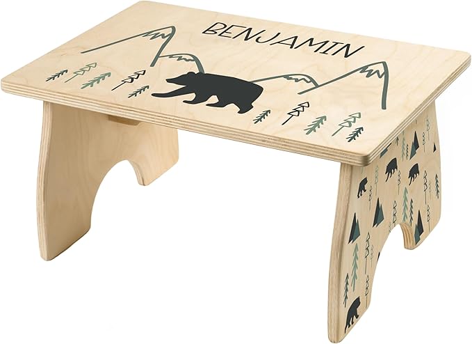 Woodland Step Stool for Toddlers- BloomOwl Personalized Wood Kids Step Stool with Name for Kitchen Sink, Bathroom, Potty Training, Toilet, Kitchen Sink- Sturdy and Safe, Mountains (Bear- Minimal)