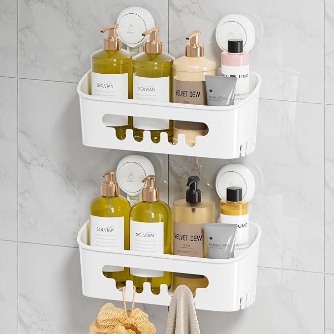LEVERLOC Shower Caddy Suction Cup 2 Pack, Shower Organizer Removable Bathroom Shelf, Storage Suction Powerful Max Hold 22lbs Bathroom Caddy Waterproof Holder, White