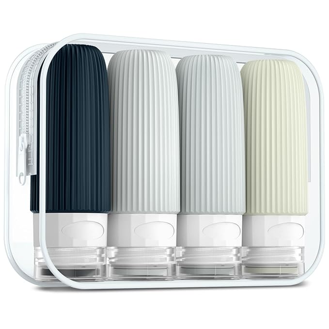 Travel Bottles for Toiletries, Tsa Approved 2oz Travel Bottles, BPA Free Leak Proof Travel Size Toiletry Containers, Refillable Travel Accessories with Toiletry Bag for Shampoo Liquid (4 Pack)