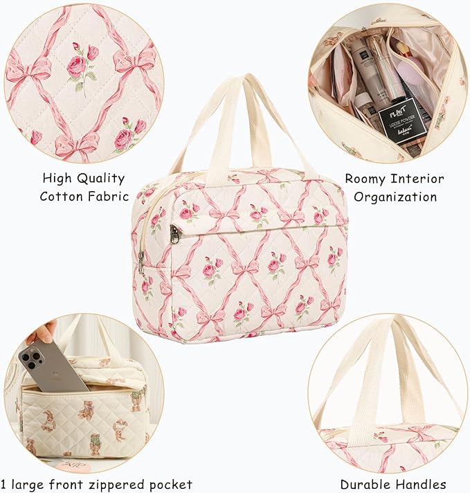 Large Size Quilted Coquette Makeup Bag, Cute Preppy Floral Cotton Travel Cosmetic Organizer Bag with Top Handle, Multi-Layer Travel Toiletry Pouch for Girls (03Pink Bow)