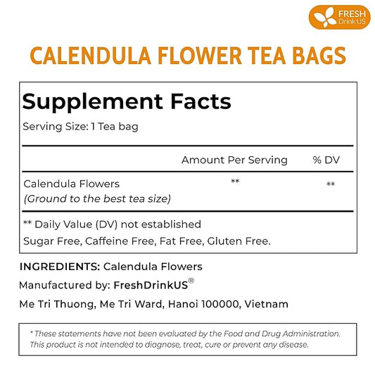 FreshDrinkUS, Premium 135 Calendula Tea Bags, 100% Natural and Pure Calendula Flowers, Eco-conscious Tea Bags. Herbal Tea. No Sugar, No Caffeine, No Gluten, Vegan.