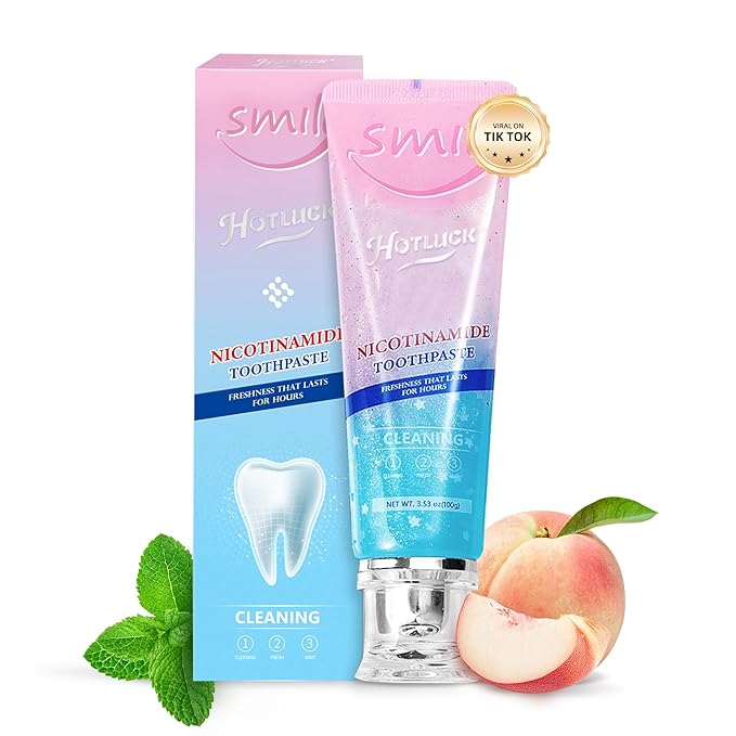 Hotluck Niacinamide Whitening Toothpaste - Brightening, Stain Removal, Freshening Breath - Deep Gentle Cleaning Tooth Paste, Boosting Gum Health, Mint & Peach 3.53oz