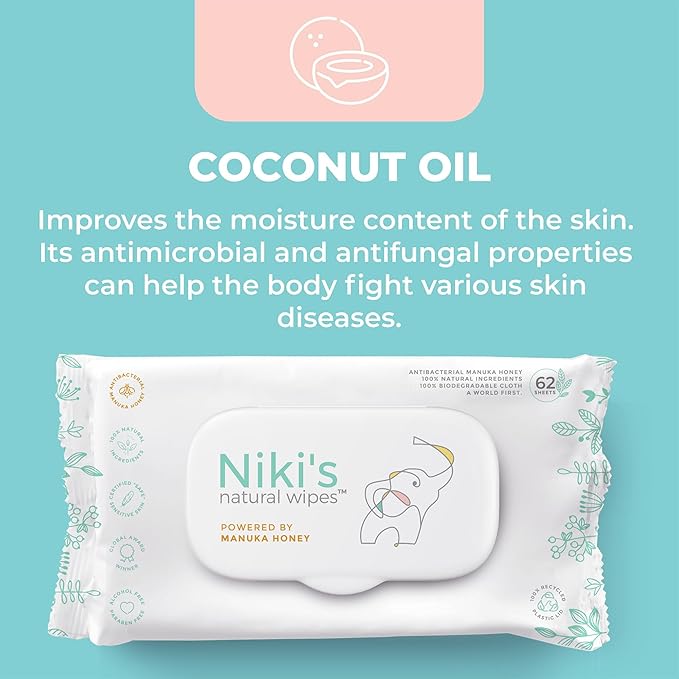 Niki's Natural Baby Wipes | Sensitive Organic Baby Wipes | Made with Manuka Honey and Coconut Oil, No Added Scents | EWG Verified | 744 Wipes (12 Pack x 62 Count Wipes) Baby Wipes Bulk