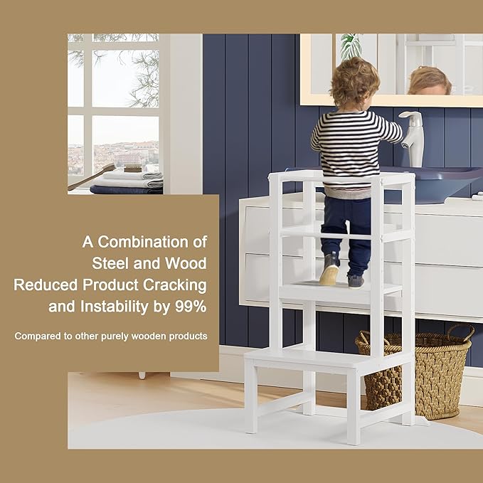 Kitchen Step Stool for Toddlers, [Thicker Tube Upgraded] Anti-Tip Toddler Tower with Safety Rail, Height Adjustable Helper for Kids, Learning Tower, Kids' Desk White Bigger