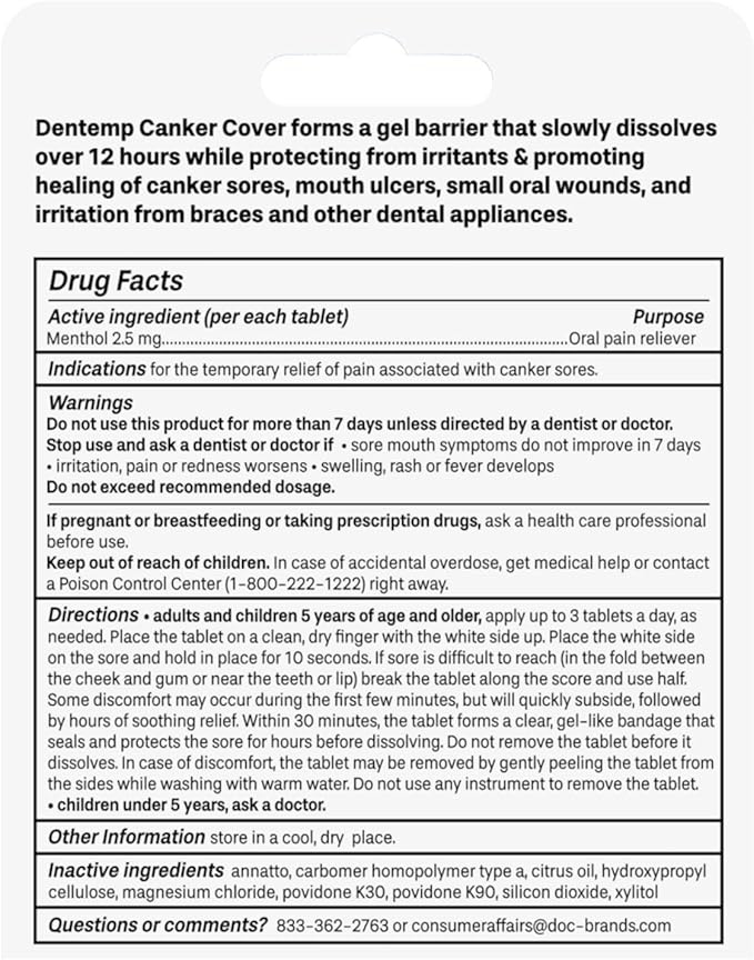 Dentemp Canker Cover - Canker Sore Medicine Pain Reliever - Canker Sore Treatment to Relieve Canker Pain, Mouth Sores & Mouth Irritation - Fast Acting Canker Sore Relief Tablets for Adults (24 Count)
