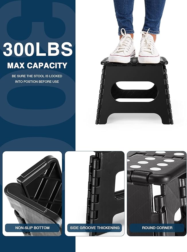 Dyforce Folding Step Stool 11", Durable Kids Step Stool, Heavy Duty Step Stools for Adults, Compact Foot Stools, Light-Weight Toddler Step Stools for Kitchen, Bathroom, Holds Up to 300 lbs (Black)