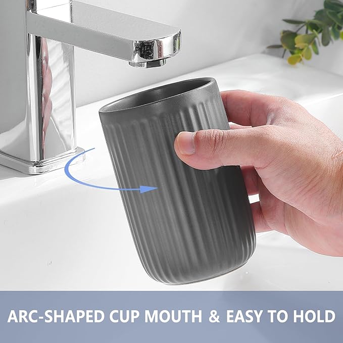 Grey Toothbrush Holders for Bathrooms - 2 Cups Ceramic Toothbrush Toothpaste Holders Set, White Bathroom Tumbler Cups Reusable Toothbrush Mouthwash Cup, Bathroom Counter Organizer.