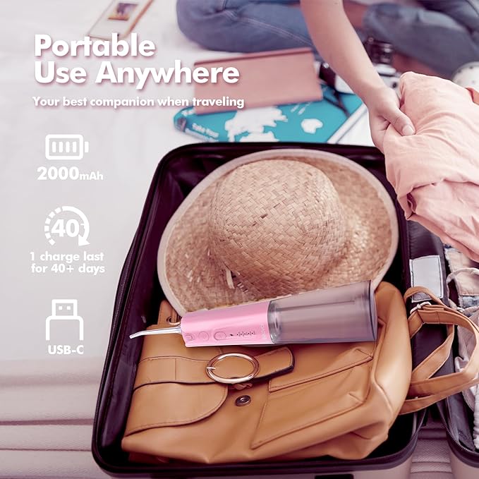 Water Flosser Teeth Pick: 5 Modes Cordless Water Dental Floss 300ML Portable Rechargeable IPX7 Waterproof Electric Water Flossing Cleaning Picks with 6 Jet Tips Oral Irrigator Cleaner, Pink