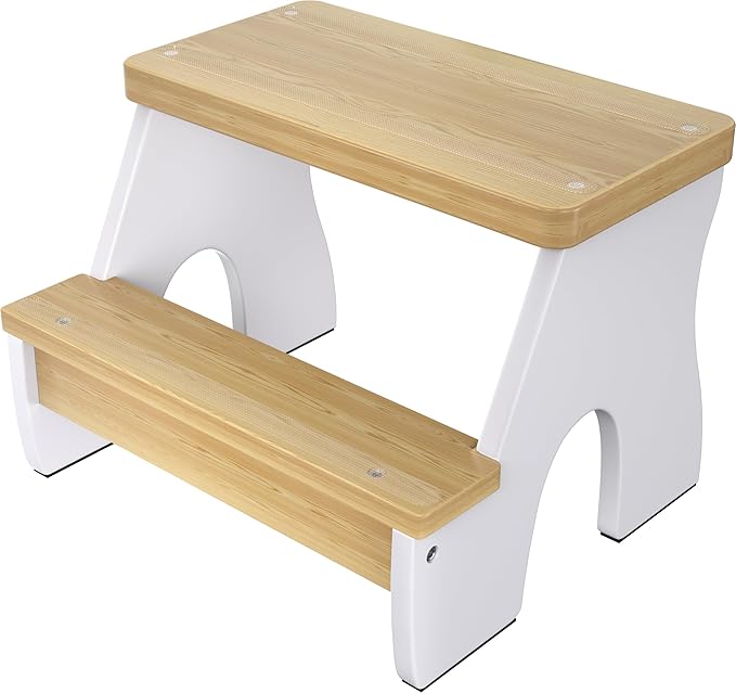 KST36 Wooden Step Stool - 250LBS Load, Non - Slip Water - Resistant Foot Stool for All Ages, Bathroom & Kitchen (White & Natural Wood, Two Step)