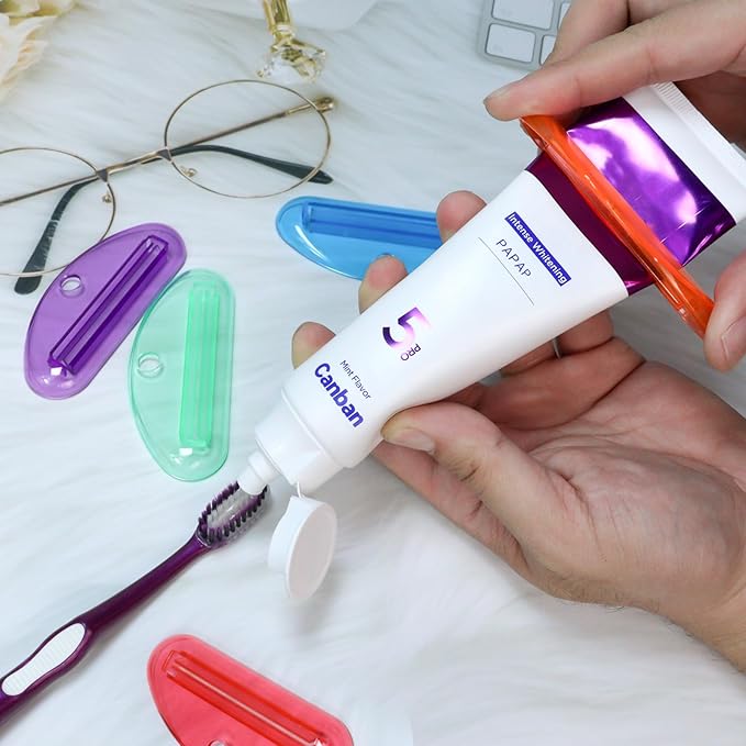 5Pcs Plastic Tooth Paste Tube Squeezer Dispenser, Hanging Roller Tube Squeezer Holder for Saving Toothpaste Creams, Facial Cleanser and Paint, Kid-Friendly Bathroom Accessory (Transparent)