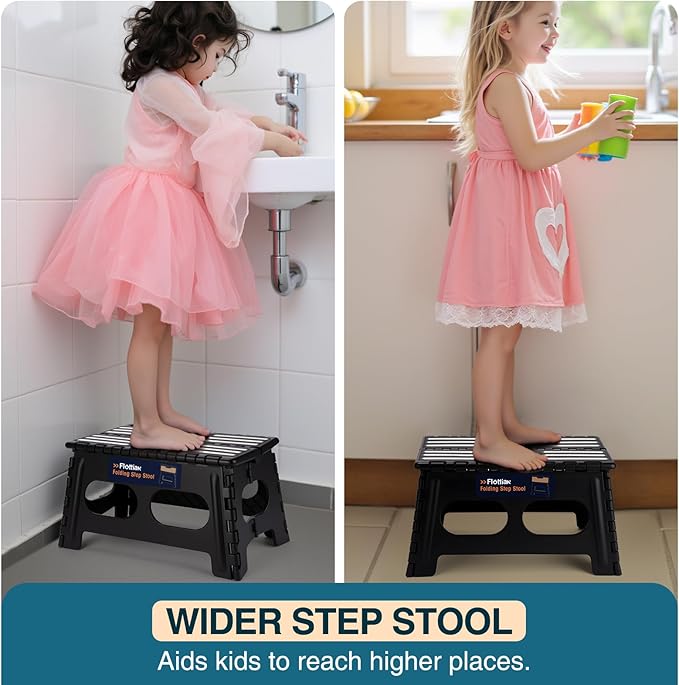 Flottian 9" Folding Step Stool for Adults and Kids 15-Inch Extra Wide Stool Holds Up to 300 lbs,Non-Slip Folding Stools with Handle,Compact Plastic Foldable Step Stool for Bathroom,Kitchen,ect,Black