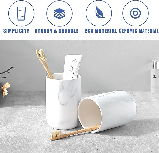 Marble Toothbrush Holders for Bathrooms - 1 Cups Ceramic Toothbrush Toothpaste Holders, White Marble Bathroom Tumbler Cups Reusable Toothbrush Mouthwash Cup, Bathroom Counter Organizer.