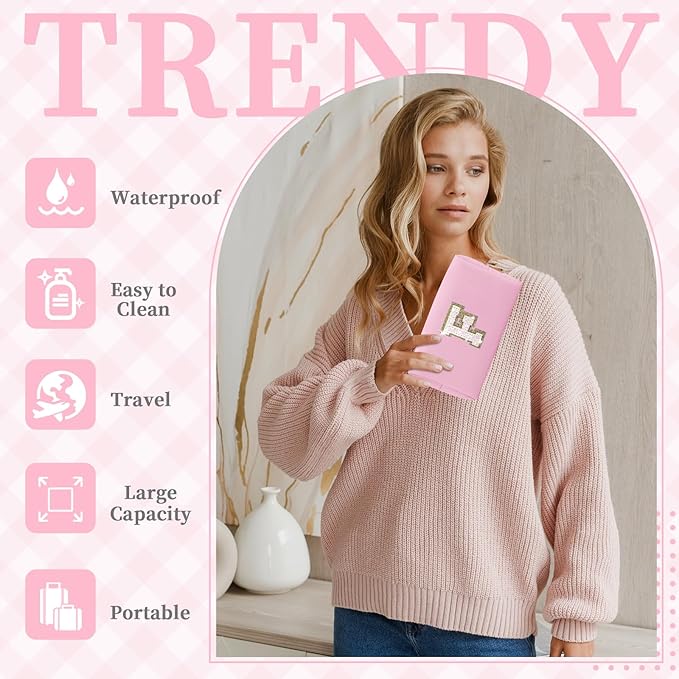 Small Personalized Initial A-Z Patch Makeup Bag,Pink Cute PU Leather Glitter Letter Cosmetic Bag for Teen Girls,Travel Toiletry Bag with Zipper,Preppy Monogrammed Birthday Gift for Daughter Niece F