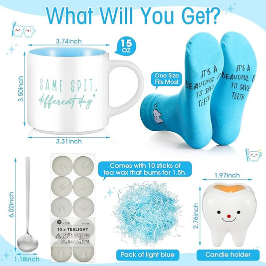 5 Pcs Christmas Dentist Thank You Gift Set for Women Dental Hygienist 15 oz Coffee Mug with Spoon Tooth Shape Candle Holder Planter Socks for Female Healthcare Worker Nurse Gifts