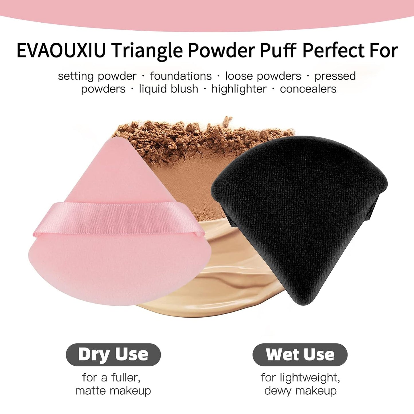 2 Pcs EVAOUXIU Triangle Powder Puff for Face Powder, Soft Plush Setting Powder Puff, Velour Cosmetic Foundation Blender Sponge Beauty Makeup Tools (Black&Pink)