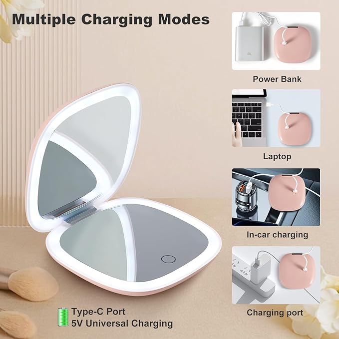 Mocado Compact LED Travel Makeup Mirror - 4 Inches 1X/10X Magnification Travel Mirror with Light Dimmable Double Sides Lighted USB Rechargeable Compact Mirror for Purse,Pocket,Travel(Pink)