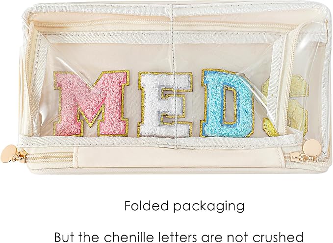 Large Waterproof Chenille Letter Medicine Clear Makeup Bag, Transparent PVC Nylon Preppy Patch Cosmetic Bag with Handle, Portable Meds First Aid Travel Organizer Cosmetic Bag (06MEDS- Beige)