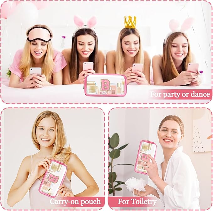 Small Clear Personalized Initial Makeup Bag,Nylon Preppy A-Z Chenille Letter Patch Cosmetic Pouch Beach Toiletry Bag,Waterproof Zipper Travel Purse Storage Bag Organizer for Women Girls(Pink-Pink B)