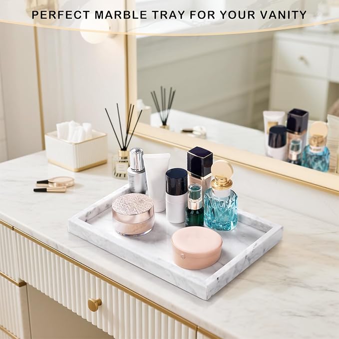 Marble Bathroom Tray for Countertop & Home Decor, Natural Decorative Marble Tray for Jewelry & Perfume Organizer, Luxury Stone Vanity Trays for Dresser, Kitchen Counter, 12" x 8", White