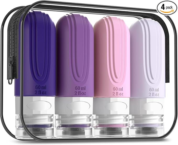 Travel Bottles for Toiletries, Tsa Approved 2oz Travel size Bottles, BPA Free Leak Proof Travels Toiletry Containers, Traveler Accessories with Toiletry Bag for Shampoo Liquid (4 Pack)