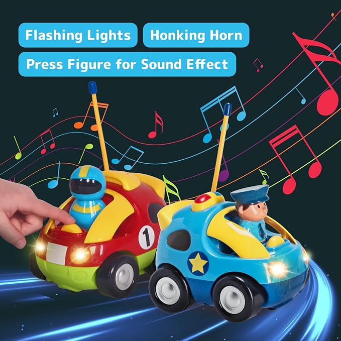PREXTEX Cartoon Remote Control Car - 2-Pack Police and Race Car Toddler Toys - RC Cars for Kids with Different Frequencies - Easy Remote Control Toy and Thoughtful Gifts for Boys and Girls