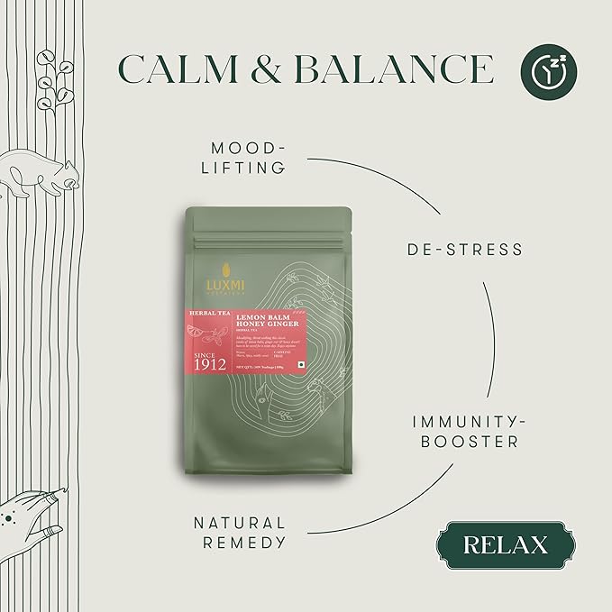 Luxmi Estates Lemon Balm Honey Ginger Loose Leaf Tea, 50 Tea Bags, Organic Herbal Tea, Caffeine Free Tea Bags for Relaxing, Calming, and Stress Relief, With Certified Organic Lemon Balm Tea