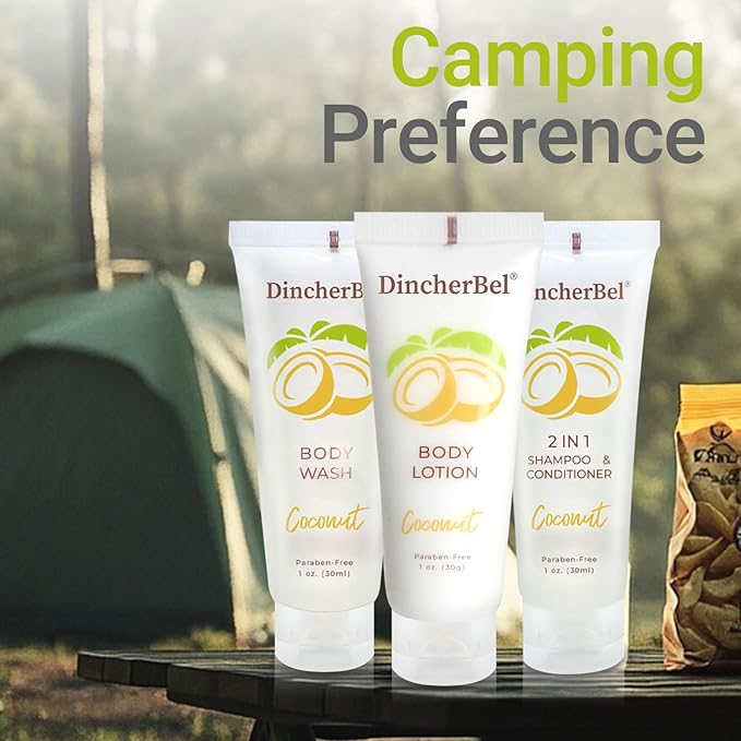 Travel Size Toiletries Kits, Bulk Mini Hotel Guest Amenities (Tropical Coconut, 1oz each), 3-Piece Sets Refreshing Coconut Scent - 50 Shampoo & Conditioner 2 in 1, 50 Body Wash and 50 Body Lotion